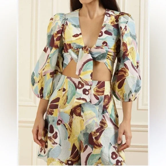 Ted Baker Bithana Set Tie Front Balloon Sleeve Blouse + Shorts Size 2 US 6 - Picture 1 of 10